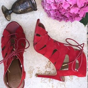 Joie red suede lace-up stilettos